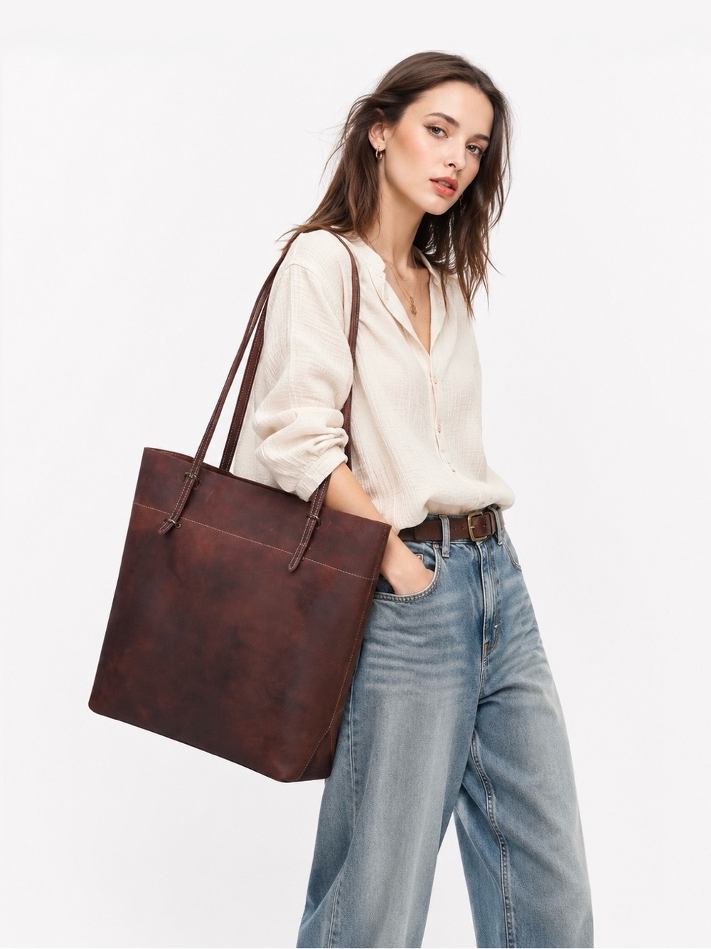 S-ZONE Brown Vintage Leather Work Tote Laptop Bag - Picture 5 of 16